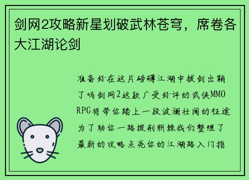 剑网2攻略新星划破武林苍穹，席卷各大江湖论剑