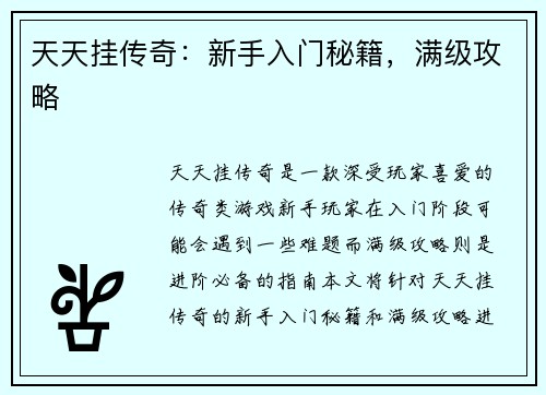 天天挂传奇：新手入门秘籍，满级攻略